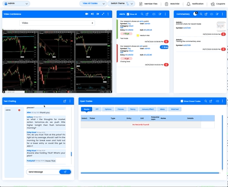 Altna trading room interface — live video conference, alerts, watchlist, commentary, chat, and open trades